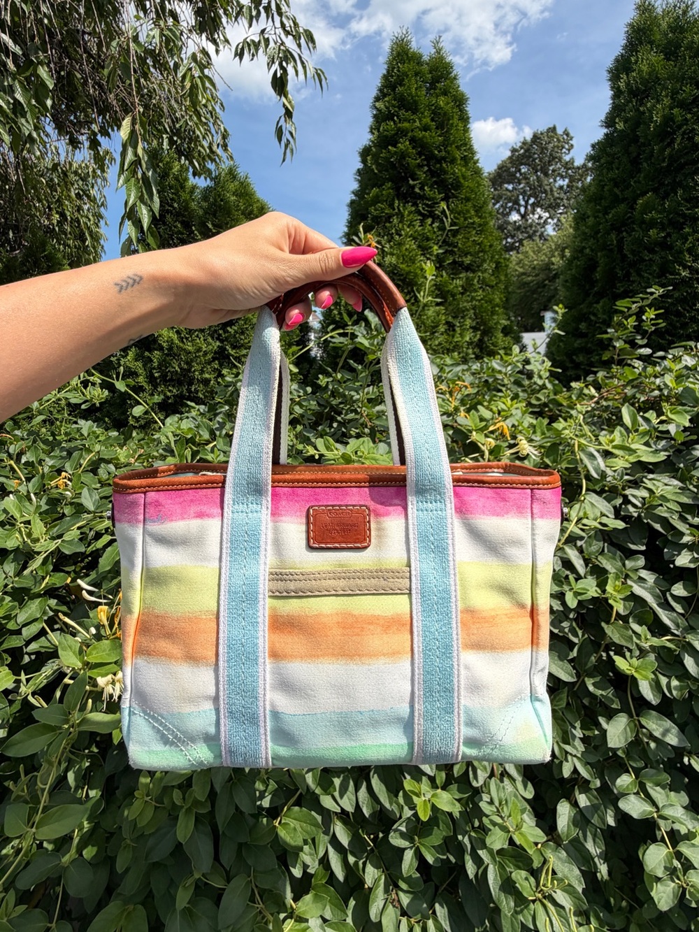 Vintage Y2K Coach Colorful Stripe Watercolor Print Satchel Shoulder Bag